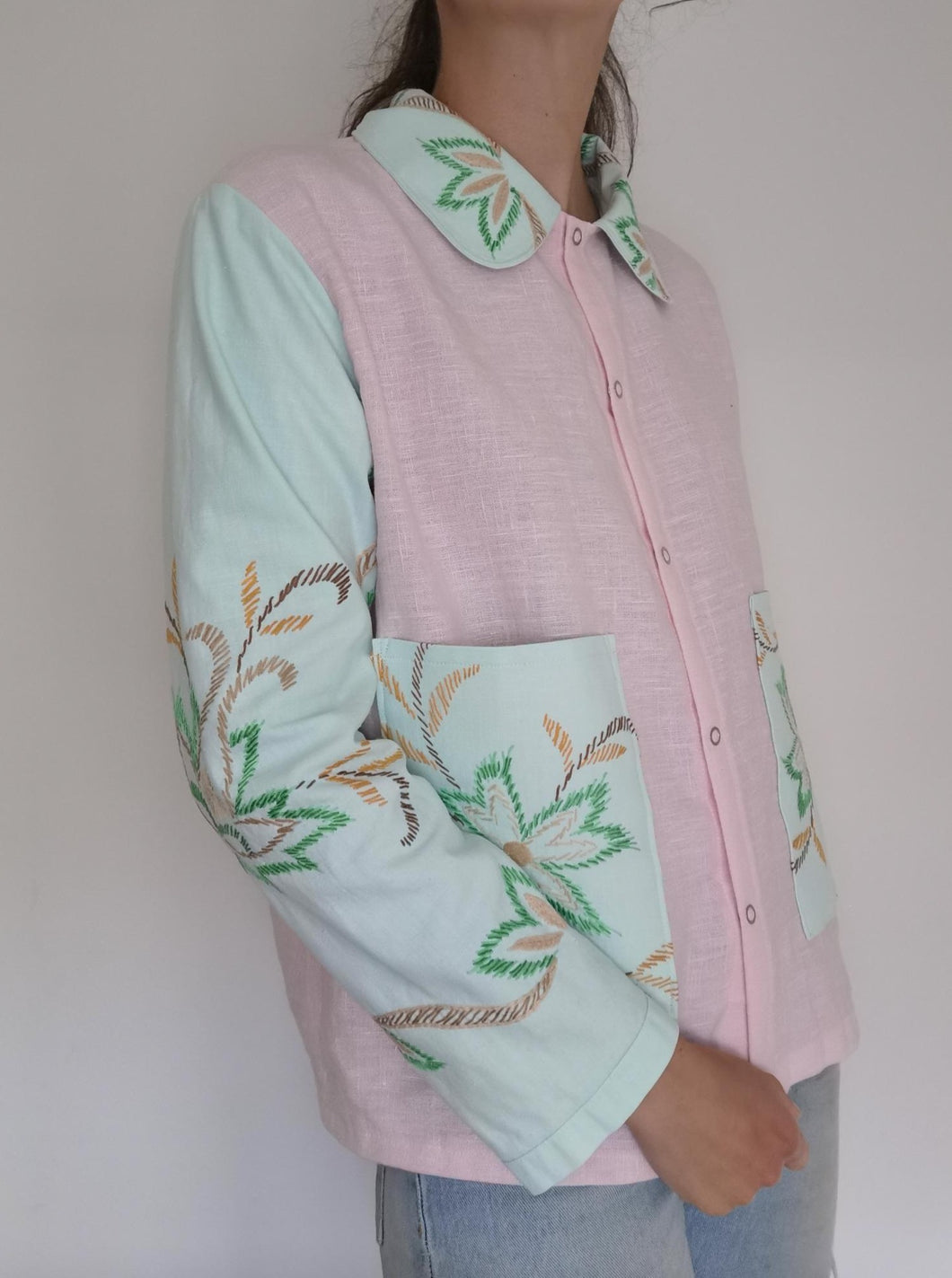 Patchwork skjorte - pastel rosa og turkis, str. M/L