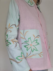 Patchwork skjorte - pastel rosa og turkis, str. M/L