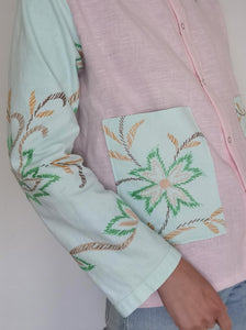 Patchwork skjorte - pastel rosa og turkis, str. M/L