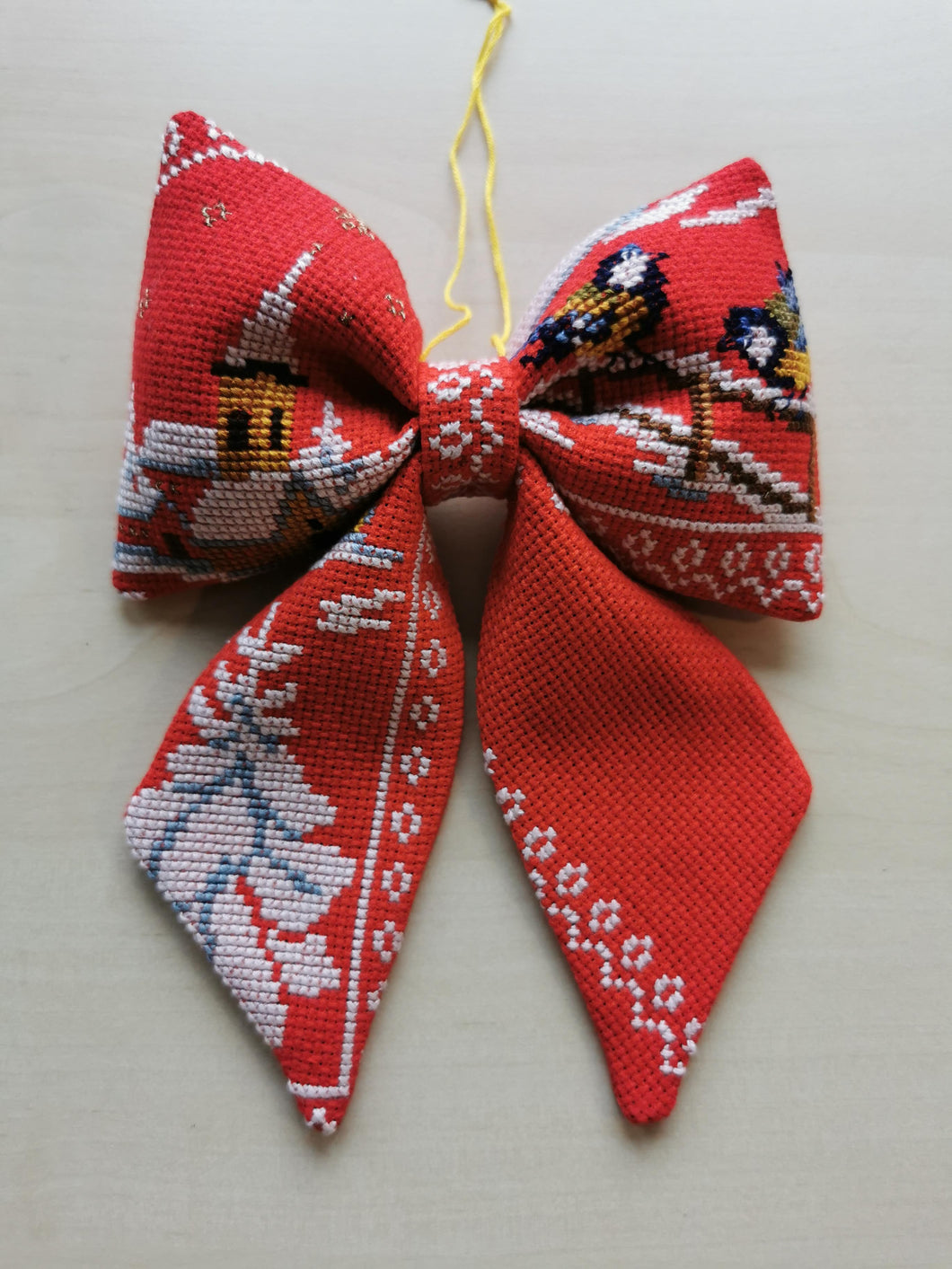 Sløjfe - rød - fugle og kirke